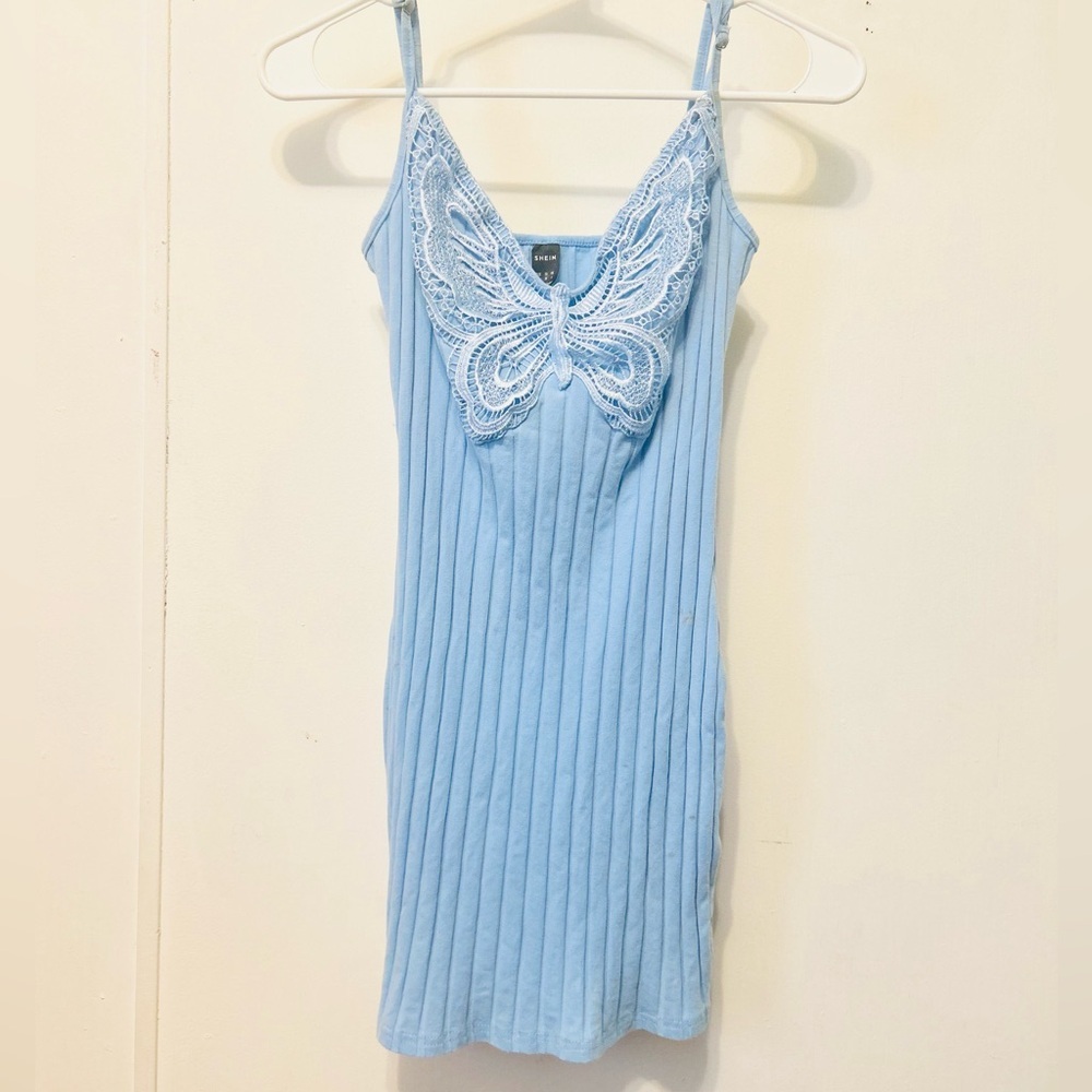 SHEIN Blue Ribbed Mini Dress Swimsuit Coverup Bodycon Medium Sundress